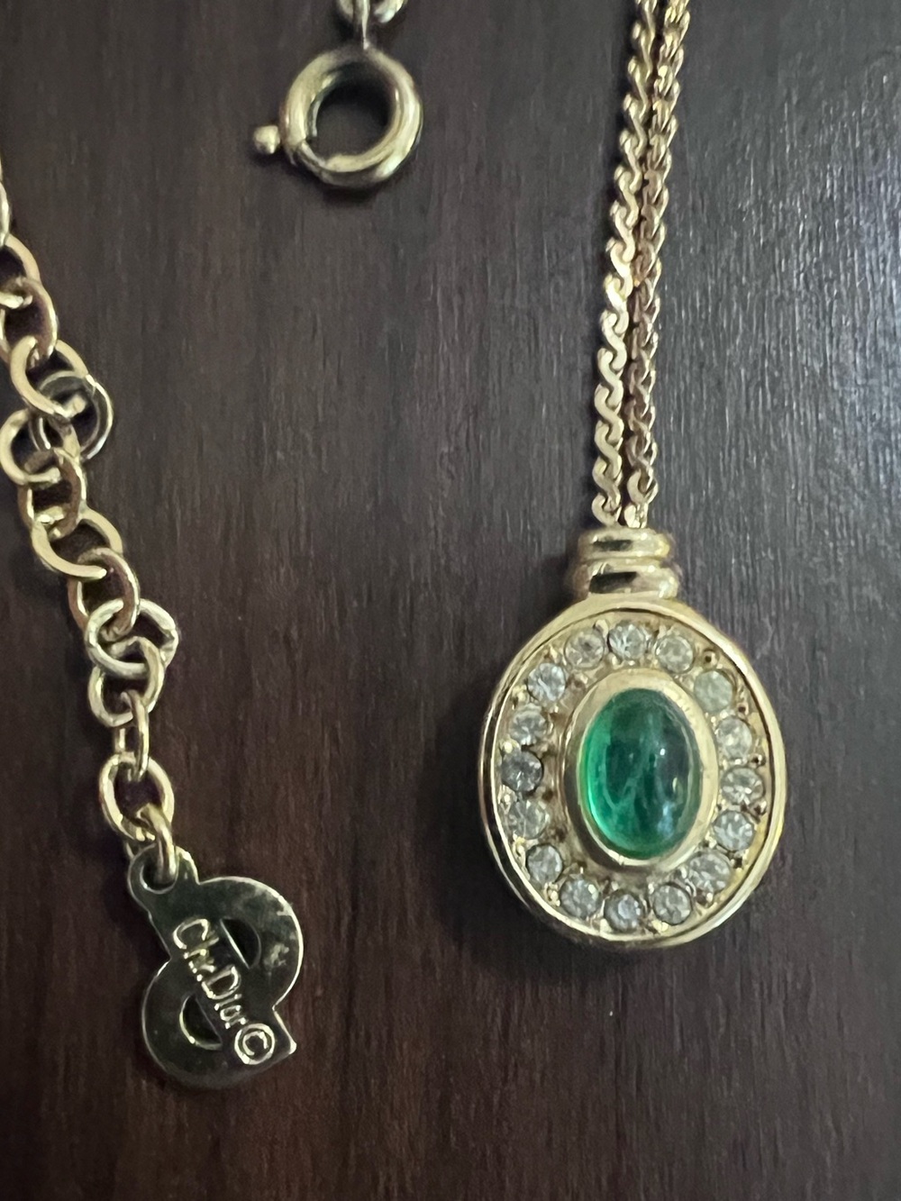 Christian Dior Signed Vintage 1980s Gold-Plated Green Cabochan Necklace